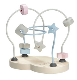 Holzspielzeug: Perlenlabyrinth mit pastellfarbenen, verschieden geformten Perlen auf Metalldrähten und Holzsockel.