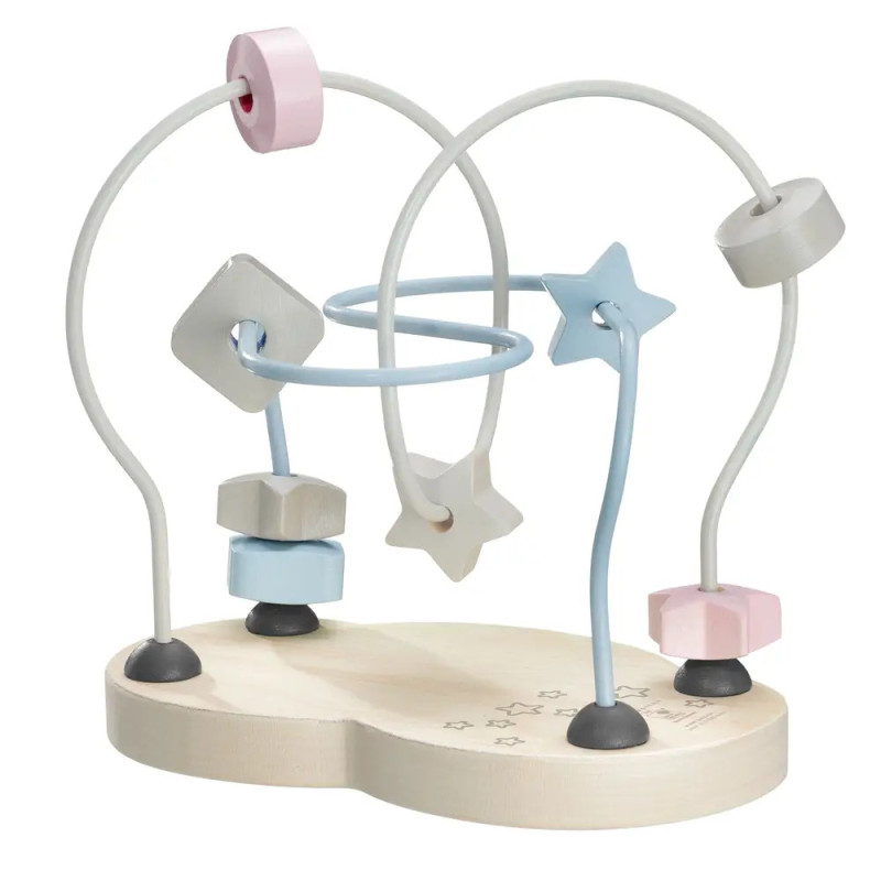 Holzspielzeug: Perlenlabyrinth mit pastellfarbenen, verschieden geformten Perlen auf Metalldrähten und Holzsockel. Holzspielzeug: Perlenlabyrinth mit pastellfarbenen, verschieden geformten Perlen auf Metalldrähten und Holzsockel.