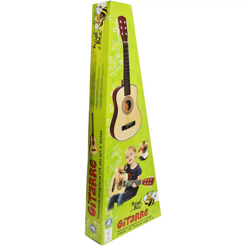 Dreieckige Box mit Comic-Biene, Foto eines Kindes mit Akustikgitarre und dem Schriftzug "Gitarre".