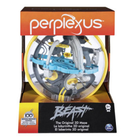 Perplexus Beast 3D-Labyrinthkugel in Verpackung mit bunten Bahnen im Inneren einer durchsichtigen Kugel.