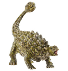 Spielzeug-Ankylosaurus mit Stacheln und Keulenschwanz, Maul geöffnet, vor weißem Hintergrund.