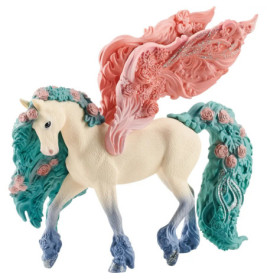 Ein Einhorn mit blau-pinker Mähne, glitzernden Flügeln und Blumen in Mähne sowie Schweif.
