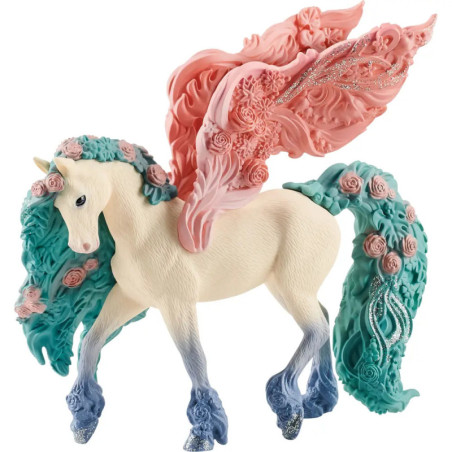 Ein Einhorn mit blau-pinker Mähne, glitzernden Flügeln und Blumen in Mähne sowie Schweif. Ein Einhorn mit blau-pinker Mähne, glitzernden Flügeln und Blumen in Mähne sowie Schweif.