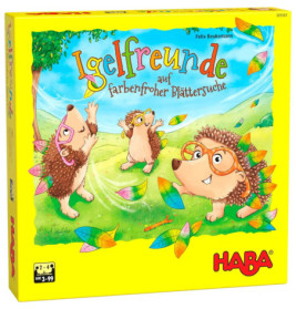 Bunte HABA-Spielschachtel Igelfreunde mit illustrierten Igeln, die Brillen und Blätter tragen.
