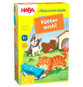 Bunte HABA-Spielschachtel mit Katze, Hund, Tierfiguren Aufschrift: Fütter mich!.