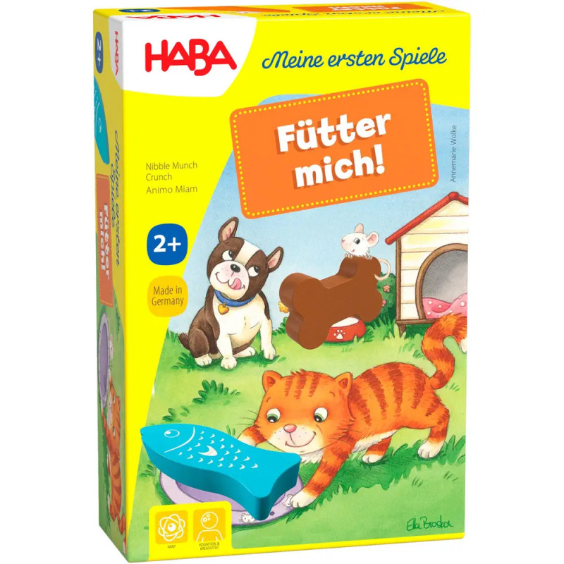 Bunte HABA-Spielschachtel mit Katze, Hund, Tierfiguren Aufschrift: Fütter mich!. Bunte HABA-Spielschachtel mit Katze, Hund, Tierfiguren Aufschrift: Fütter mich!.