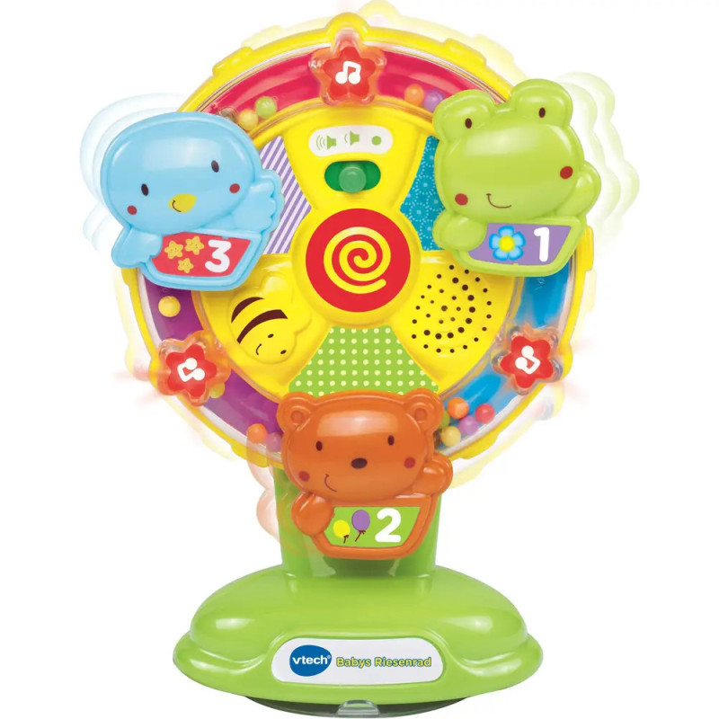 Buntes VTech-Babyspielzeug: Riesenrad mit Tierknöpfen - blauer Pinguin, grüner Frosch, orangefarbener Bär. Buntes VTech-Babyspielzeug: Riesenrad mit Tierknöpfen - blauer Pinguin, grüner Frosch, orangefarbener Bär.