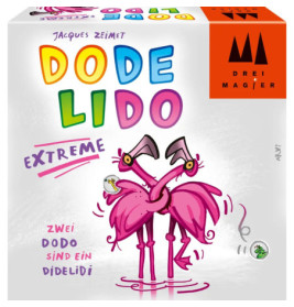 Bunte Spielschachtel mit zwei pinken Flamingos als Comicfiguren und dem Titel DodeLido Extreme in verspielten Buchstaben.