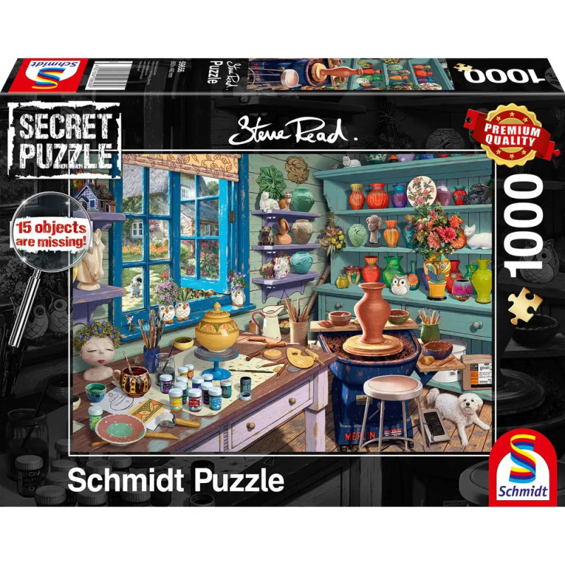 Schmidt Puzzle mit 1000 Teilen zeigt ein farbenfrohes Künstleratelier mit Keramik, Farben und Werkzeugen. Schmidt Puzzle mit 1000 Teilen zeigt ein farbenfrohes Künstleratelier mit Keramik, Farben und Werkzeugen.