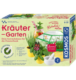 Die Kräuter-Garten-Box zeigt Kräuter, ein Mini-Gewächshaus, Gartenwerkzeug und einen Mörser mit Stößel.