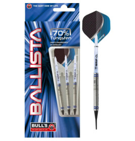 Bulls Ballista 70% Wolfram-Dartpackung mit drei Darts und einem vergrößert abgebildeten Dart rechts.