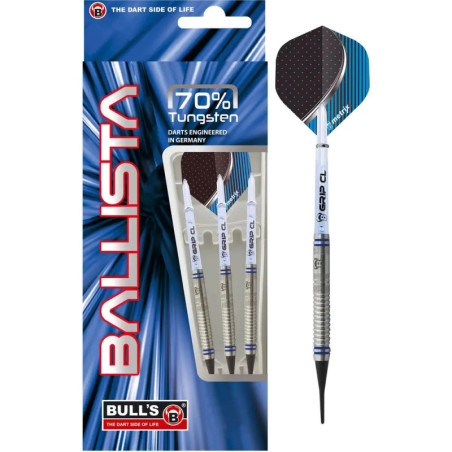 Bulls Ballista 70% Wolfram-Dartpackung mit drei Darts und einem vergrößert abgebildeten Dart rechts. Bulls Ballista 70% Wolfram-Dartpackung mit drei Darts und einem vergrößert abgebildeten Dart rechts.