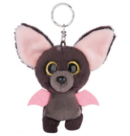 Ein Plüsch-Fledermaus-Schlüsselanhänger mit großen pinken Ohren, goldenen Augen und kleinen pinken Flügeln.