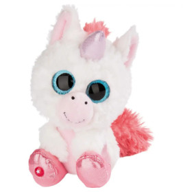 Weißes Plüsch-Einhorn mit großen blauen Augen, rosa Hufen, rosa Horn und flauschigem rosa Schweif.