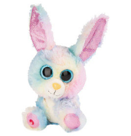 Ein Plüschhase in Pastell-Regenbogenfarben mit großen blauen Augen, rosa Ohren und glänzenden rosa Pfoten.