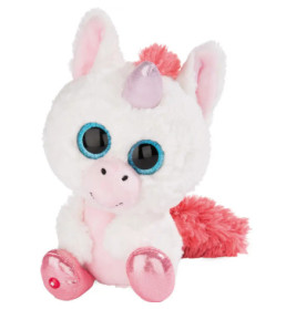 Plüsch-Einhorn mit großen blauen Augen, pinken Hufen, rosa Schweif und glänzendem Horn sitzt aufrecht.