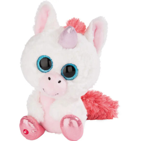 Plüsch-Einhorn mit großen blauen Augen, pinken Hufen, rosa Schweif und glänzendem Horn sitzt aufrecht.