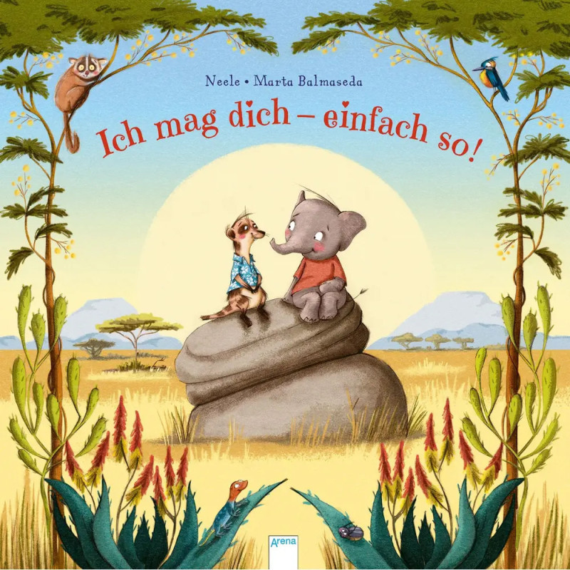 Ein Elefant und ein Erdmännchen sitzen auf einem Felsen, umgeben von Pflanzen und Tieren unter der Sonne.