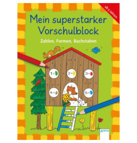 Buntes Arbeitsbuchcover zeigt Tiere im Baumhaus, Stifte und Matheaufgaben für Vorschulkinder.