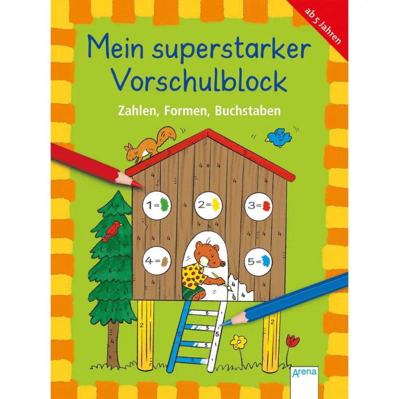 Buntes Arbeitsbuchcover zeigt Tiere im Baumhaus, Stifte und Matheaufgaben für Vorschulkinder.