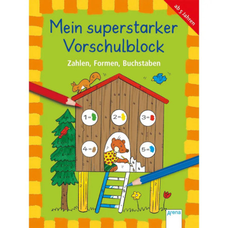 Buntes Arbeitsbuchcover zeigt Tiere im Baumhaus, Stifte und Matheaufgaben für Vorschulkinder.