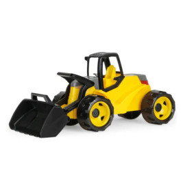 Gelber Spielzeug-Bulldozer mit schwarzen Rädern und einer vorderen Schaufel.