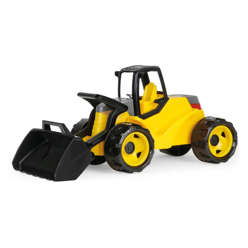Gelber Spielzeug-Bulldozer mit schwarzen Rädern und einer vorderen Schaufel. Gelber Spielzeug-Bulldozer mit schwarzen Rädern und einer vorderen Schaufel.