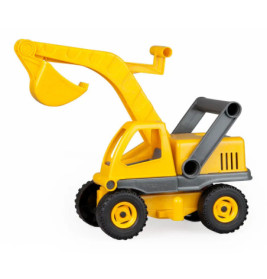 Gelber Spielzeugbagger mit beweglichem Arm und schwarzen Rädern, seitlich betrachtet.