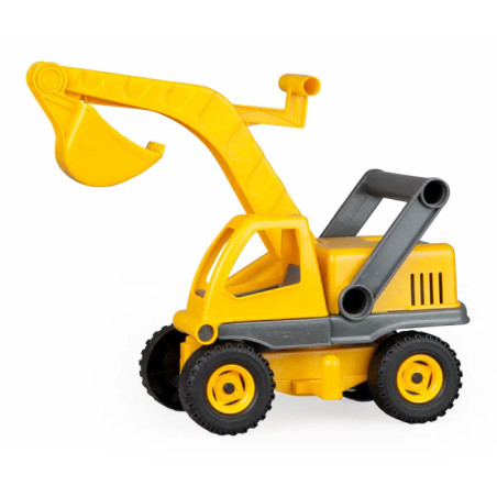 Gelber Spielzeugbagger mit beweglichem Arm und schwarzen Rädern, seitlich betrachtet. Gelber Spielzeugbagger mit beweglichem Arm und schwarzen Rädern, seitlich betrachtet.