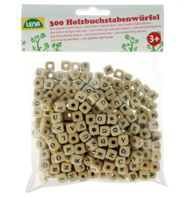 Beutel mit 300 Buchstabenwürfeln aus Holz zum Basteln, geeignet für Kinder ab 3 Jahren.
