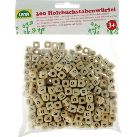 Beutel mit 300 Buchstabenwürfeln aus Holz zum Basteln, geeignet für Kinder ab 3 Jahren.