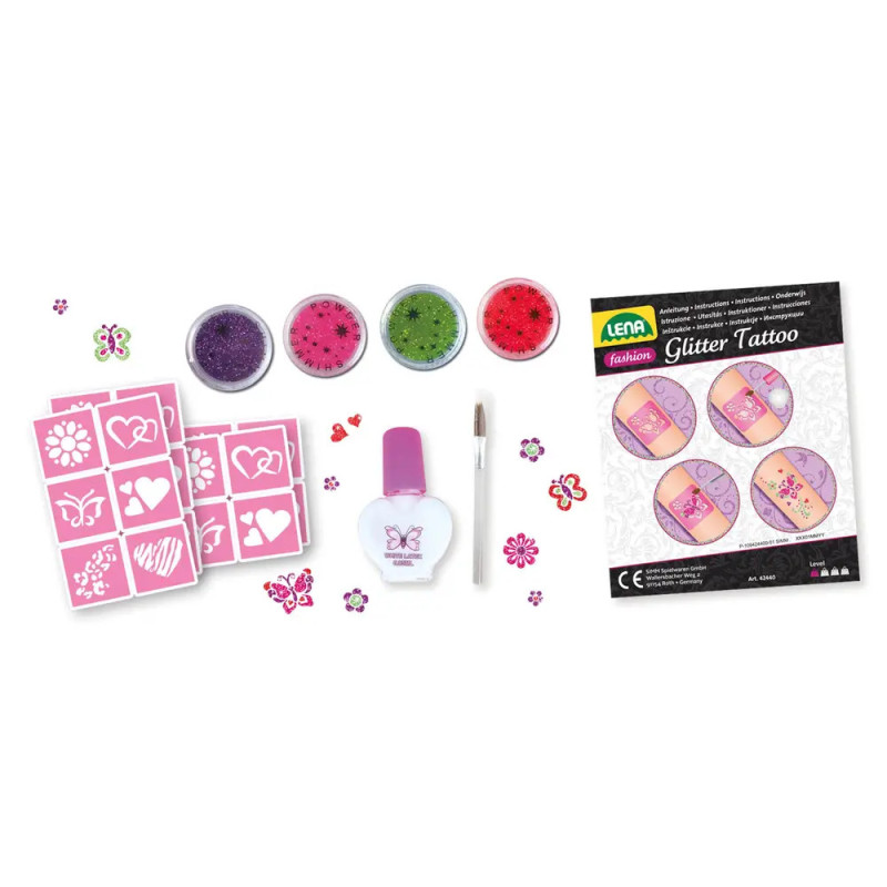 Glitzer-Tattoo-Set mit Schablonen, Glitzer, Kleber, Pinsel und Anleitung auf weißem Hintergrund ausgelegt.