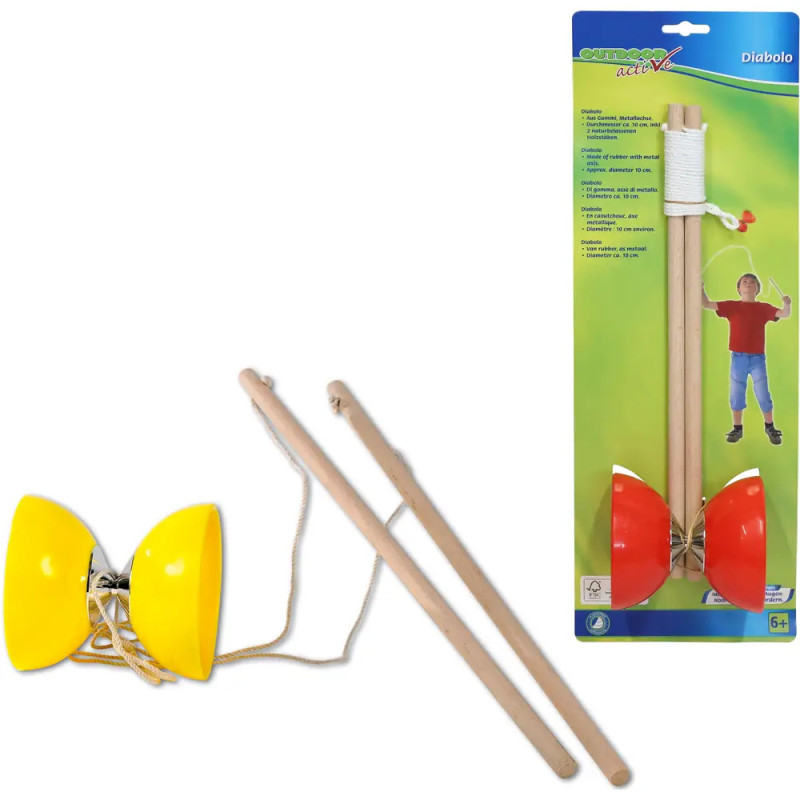 Diabolo-Set mit Holzstäben, Schnur und gelben Bechern, Verpackung zeigt spielendes Kind. Diabolo-Set mit Holzstäben, Schnur und gelben Bechern, Verpackung zeigt spielendes Kind.