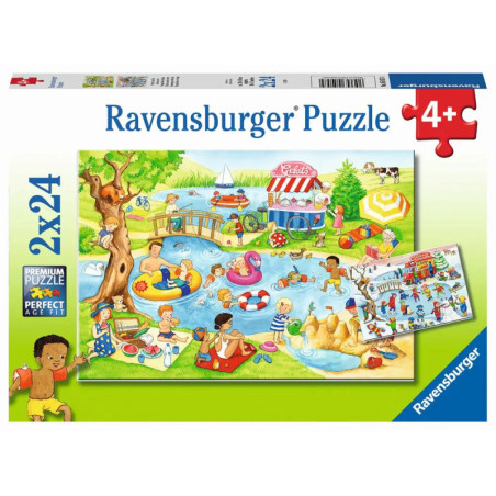 Ravensburger Puzzlebox (2x24 Teile) mit buntem Strand- und Poolsommermotiv, geeignet ab 4 Jahren.
