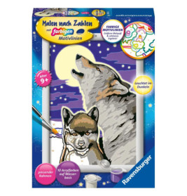 Malen-nach-Zahlen-Set von Ravensburger mit Wolf, der den Mond anheult, geeignet für Kinder ab 9 Jahren.