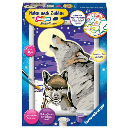 Malen-nach-Zahlen-Set von Ravensburger mit Wolf, der den Mond anheult, geeignet für Kinder ab 9 Jahren.