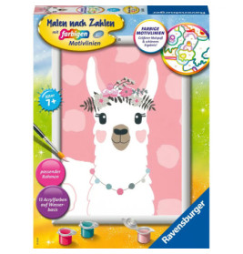 Malset für Kinder ab 7 Jahren: Weißes Lama mit Blumenkrone vor rosa Hintergrund.