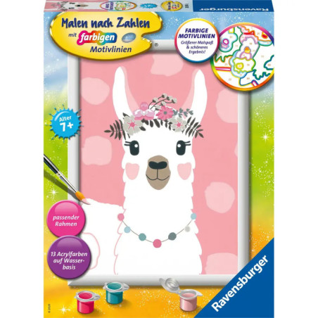 Malset für Kinder ab 7 Jahren: Weißes Lama mit Blumenkrone vor rosa Hintergrund. Malset für Kinder ab 7 Jahren: Weißes Lama mit Blumenkrone vor rosa Hintergrund.