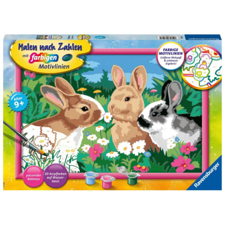 Malset-Box mit Motiv: Drei Kaninchen auf bunter Blumenwiese, Pinsel und Farben sind abgebildet. Malset-Box mit Motiv: Drei Kaninchen auf bunter Blumenwiese, Pinsel und Farben sind abgebildet.