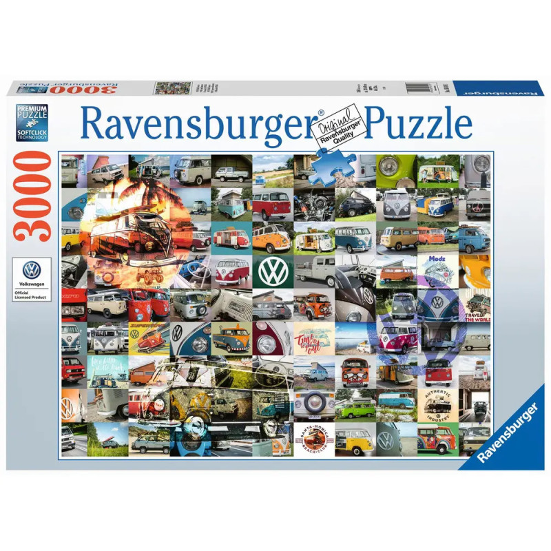 Ravensburger Puzzle, 3000 Teile, mit einer Collage bunter Volkswagen-Busse und -Vans auf dem Karton. Ravensburger Puzzle, 3000 Teile, mit einer Collage bunter Volkswagen-Busse und -Vans auf dem Karton.