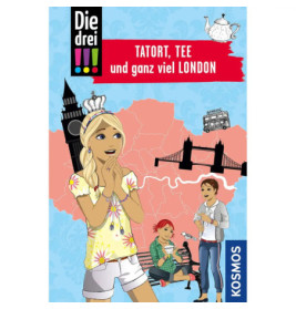 Illustration: Drei Mädchen vor Londoner Sehenswürdigkeiten, roter Stadtplan, Text Die drei!!! Tatort, Tee und ganz viel LONDON.