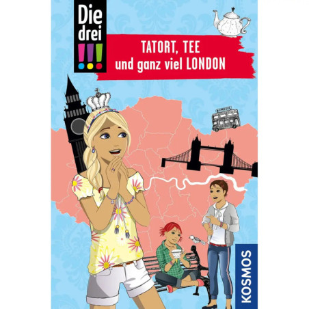 Illustration: Drei Mädchen vor Londoner Sehenswürdigkeiten, roter Stadtplan, Text Die drei!!! Tatort, Tee und ganz viel LONDON.