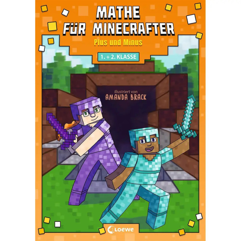 Buchcover: Zwei Minecraft-Figuren mit Schwertern, darüber der Titel Mathe für Minecrafter.