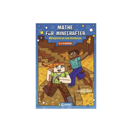 Buchcover Maths for Minecrafters mit zwei pixeligen Figuren vor Höhlenhintergrund, Titel auf Deutsch.