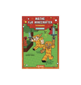Buchcover: Mathe für Minecrafter mit Minecraft-Figuren und Schwertern vor pixeliert grünem Hintergrund.