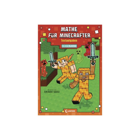 Buchcover: Mathe für Minecrafter mit Minecraft-Figuren und Schwertern vor pixeliert grünem Hintergrund.
