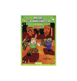 Buchcover mit Minecraft-Figuren im Kampf gegen Monster, Titel: Mathe für Minecrafter auf Deutsch.