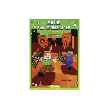 Buchcover mit Minecraft-Figuren im Kampf gegen Monster, Titel: Mathe für Minecrafter auf Deutsch.