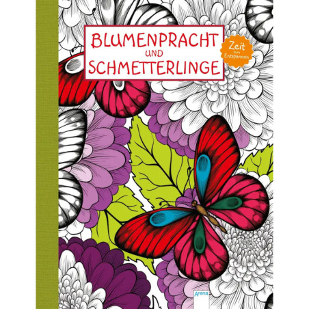 Malbuch-Cover: Roter Schmetterling auf schwarz-weißen Blumen, roter Titel Arena Malbuch Zeit zum Entspannen.