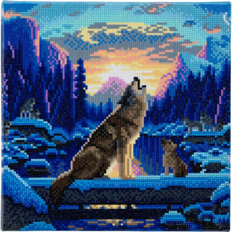 Pixel-Art: Heulender Wolf mit Jungtier am Fluss bei Sonnenuntergang, umgeben von verschneiten Bäumen und Bergen.